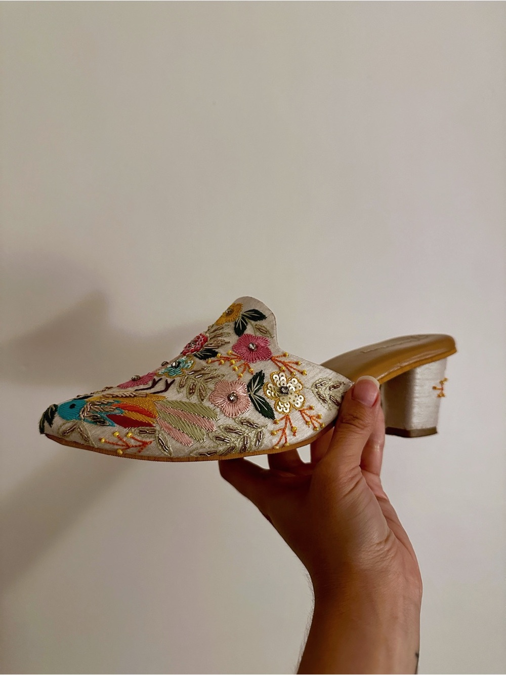 Embroidered Cream Floral & Bird Slip-On Mules